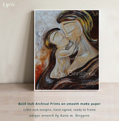 warm neutral tones artwork of short hair mom kissing toddler on the lips by KmBerggren