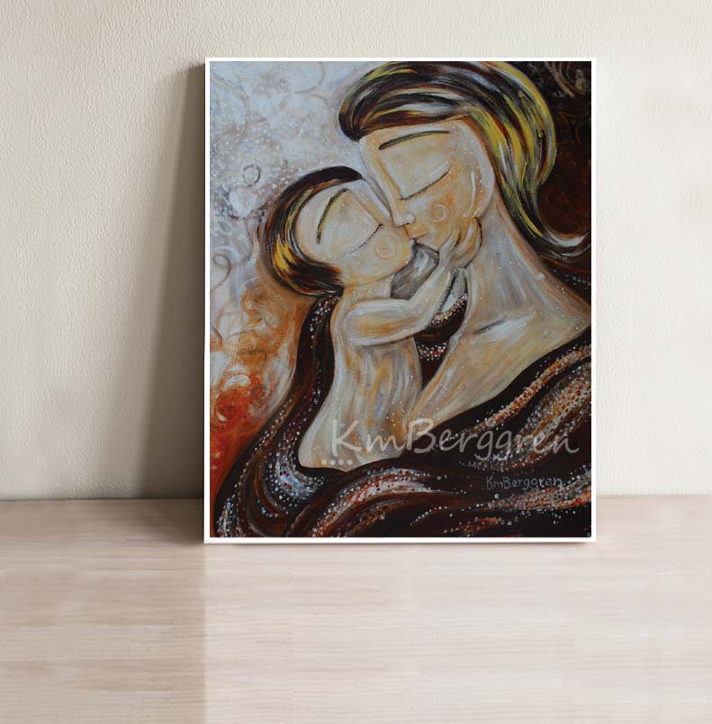 warm neutral tones artwork of short hair mom kissing toddler on the lips by KmBerggren