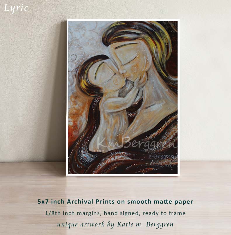 warm neutral tones artwork of short hair mom kissing toddler on the lips by KmBerggren