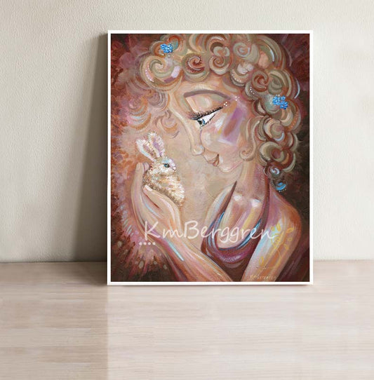 Painting of a woman with blonde curly hair holding a baby bunny, by KmBerggren