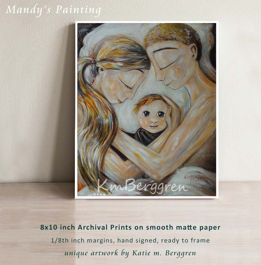 artwork of blonde mother and blonde father with new baby with big eyes and reddish blonde hair, mom, dad, baby, first baby artwork by KmBerggren