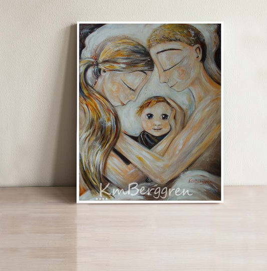 artwork of blonde mother and blonde father with new baby with big eyes and reddish blonde hair, mom, dad, baby, first baby artwork by KmBerggren