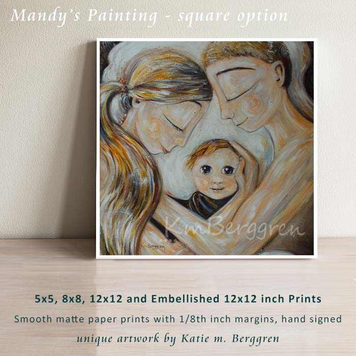 artwork of blonde mother and blonde father with new baby with big eyes and reddish blonde hair, mom, dad, baby, first baby artwork by KmBerggren