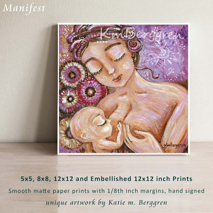 purple and pink breastfeeding art, mother with hair in knots, bald baby nursing, art by KmBerggren