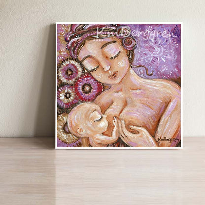 purple and pink breastfeeding art, mother with hair in knots, bald baby nursing, art by KmBerggren