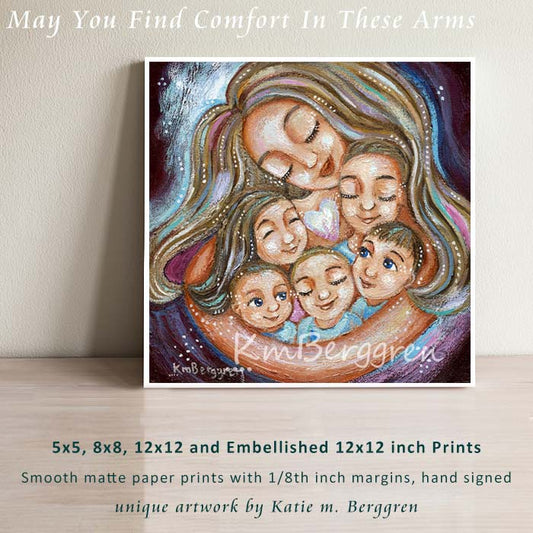A colorful artwork of a mother embracing five children, 5 kids and mom with a focus on diverse hair colors including blonde and brunette, with artistic brush strokes and a warm color palette, art by kmberggren