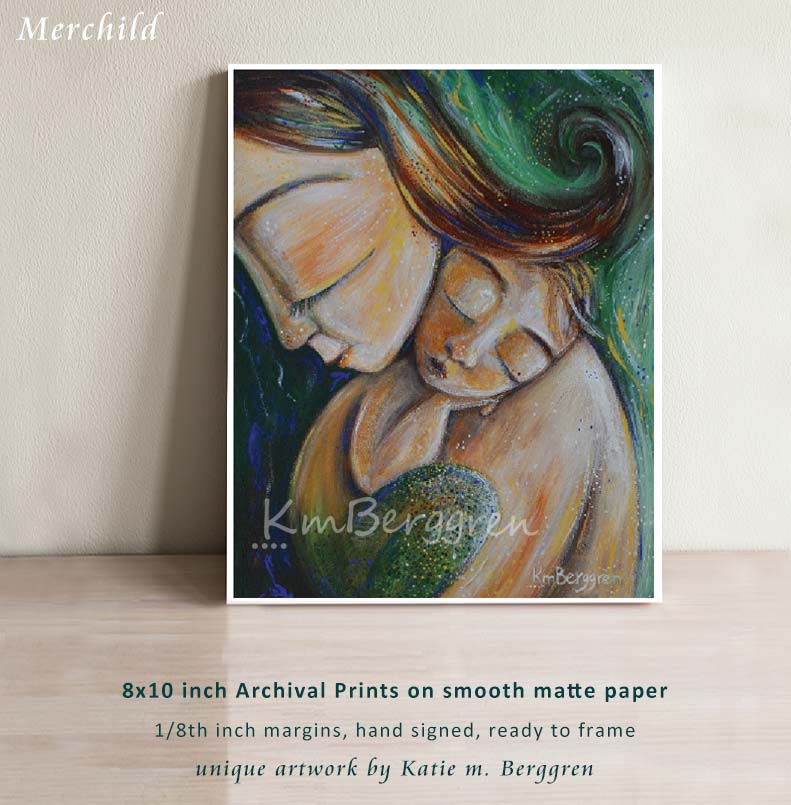 green artwork of red haired woman holding sleeping baby mermaid, by KmBerggren, whimsical expressive imaginative maternity artwork