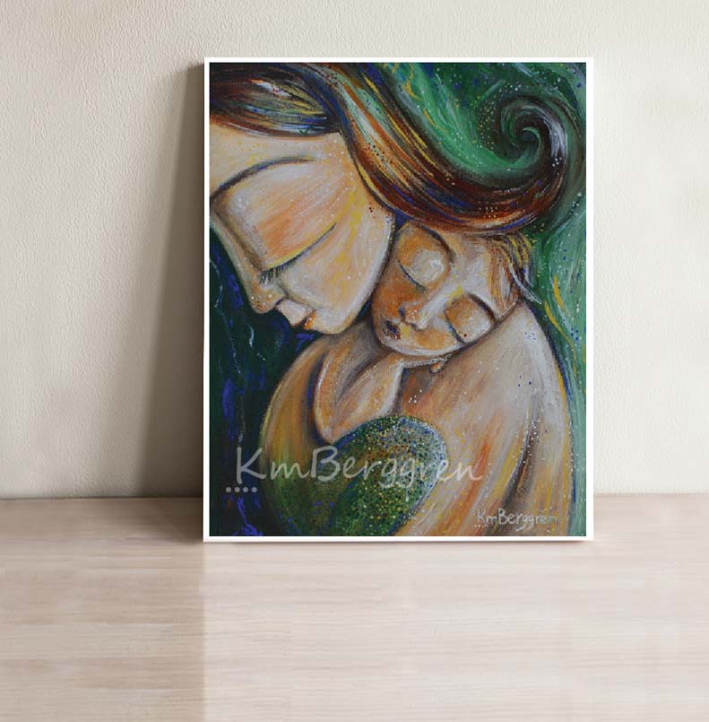 green artwork of red haired woman holding sleeping baby mermaid, by KmBerggren, whimsical expressive imaginative maternity artwork