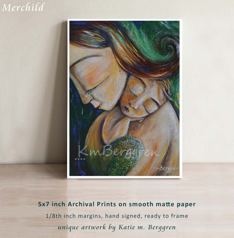 green artwork of red haired woman holding sleeping baby mermaid, by KmBerggren, whimsical expressive imaginative maternity artwork