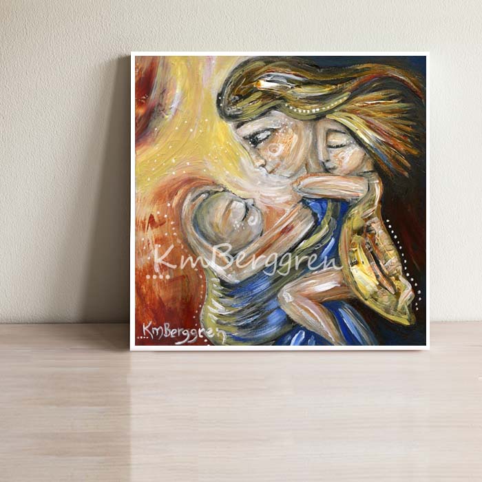 red yellow and blue art print of mother wearing toddler and carrying daughter with yellow dress on her back, by KmBerggren