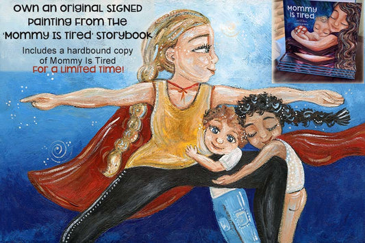 mommy is a superhero art, yoga painting of mother and children, 2 kids and mom yoga, mommy is tired painting, art from a storybook, published artwork, lisa morris author, lisa aloi morris mommy is tired, illustrated book art, illustrations and book, free book with purchase, kmberggren, km berggren book illustrations