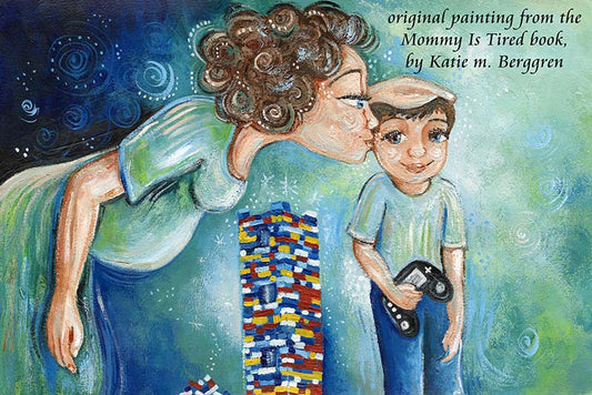 mother and son with lego bricks painting, expectang mother, mommy is tired painting, art from a storybook, published artwork, lisa morris author, lisa aloi morris mommy is tired, illustrated book art, illustrations and book, free book with purchase, kmberggren, km berggren book illustrations