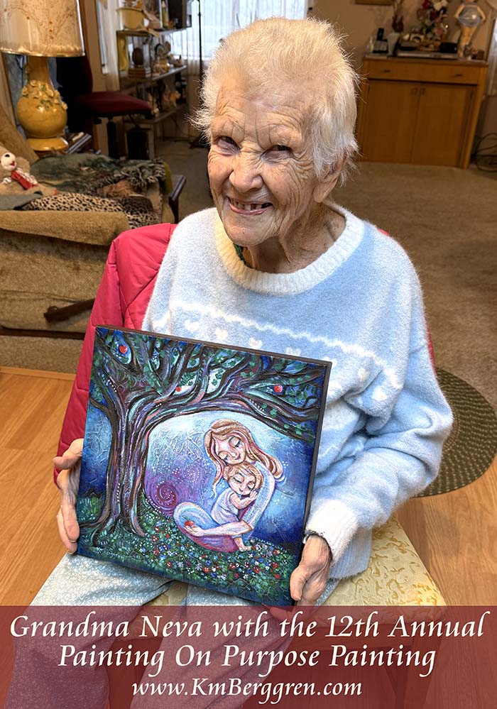 all proceeds to charity! Mother and child sitting beneath an apple tree, highly textured imaginative artwork by kmberggren, intimate motherhood artwork, memories and inspiration painting