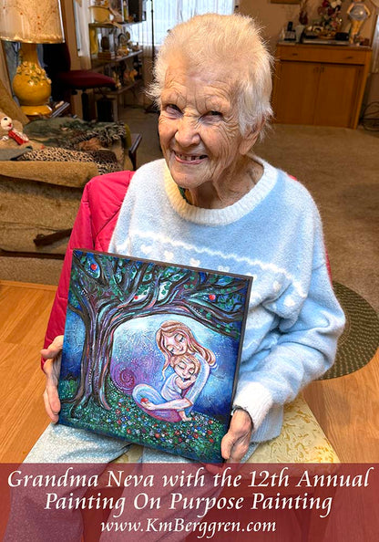 all proceeds to charity! Mother and child sitting beneath an apple tree, highly textured imaginative artwork by kmberggren, intimate motherhood artwork, memories and inspiration painting