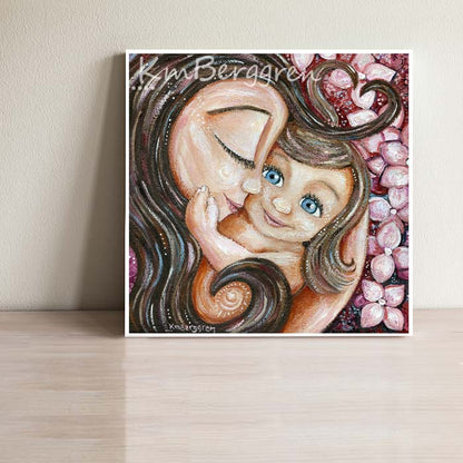 Personalized Wall Art for moms, Mother daughter gifts, little girl and mother with pink hydrangea flowers around them