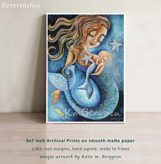 breastfeeding mermaid with bald infant at breast, blue water, starfish and red long way hair artwork
