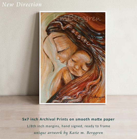 art print in warm tones by KmBerggren of mother with braided hair and sleeping bald child, gentle meaningful maternity paintings, motherhood art that captures family love