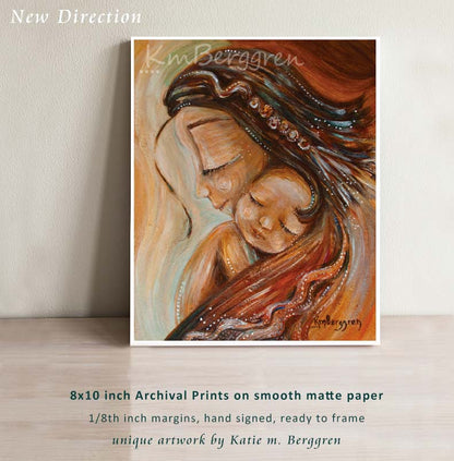 art print in warm tones by KmBerggren of mother with braided hair and sleeping bald child, gentle meaningful maternity paintings, motherhood art that captures family love