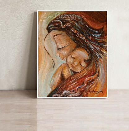 art print in warm tones by KmBerggren of mother with braided hair and sleeping bald child, gentle meaningful maternity paintings, motherhood art that captures family love