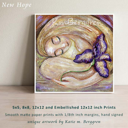 Fertility art print of blonde mother with giant purple iris flower by KmBerggren, infertility hope for pregnancy artwork for woman, butterfly iris flower purple painting to soothe a soul