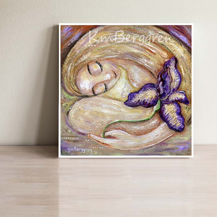 Fertility art print of blonde mother with giant purple iris flower by KmBerggren, infertility hope for pregnancy artwork for woman, butterfly iris flower purple painting to soothe a soul