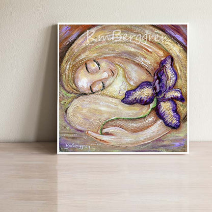 Fertility art print of blonde mother with giant purple iris flower by KmBerggren, infertility hope for pregnancy artwork for woman, butterfly iris flower purple painting to soothe a soul