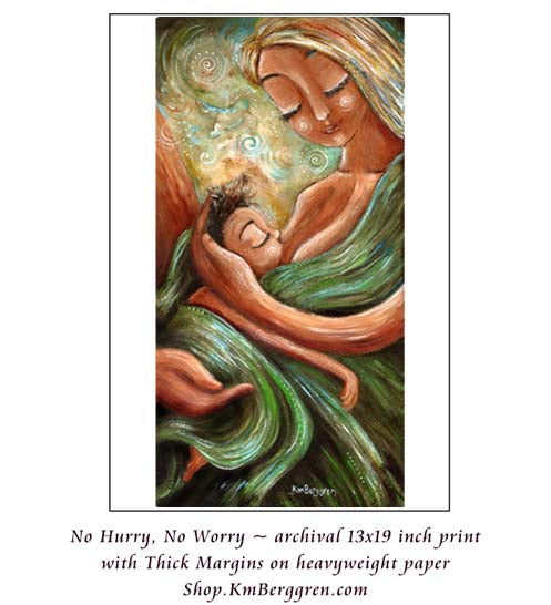 No Hurry, No Worry - Breastfeeding Mother In Green Art Prints