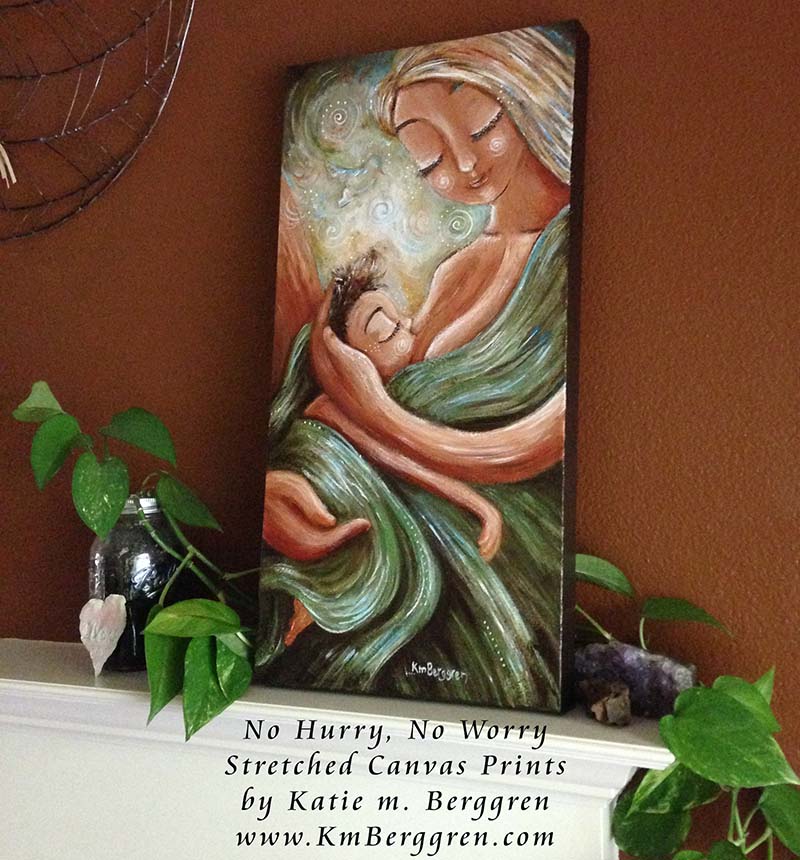 No Hurry, No Worry - Breastfeeding Mother In Green Art Prints