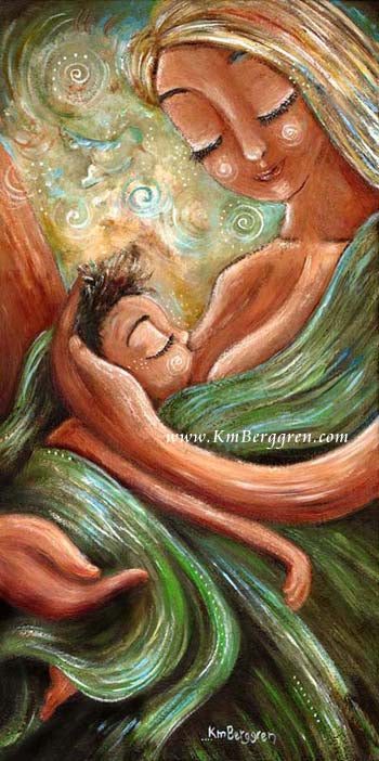 No Hurry, No Worry - Breastfeeding Mother In Green Art Prints