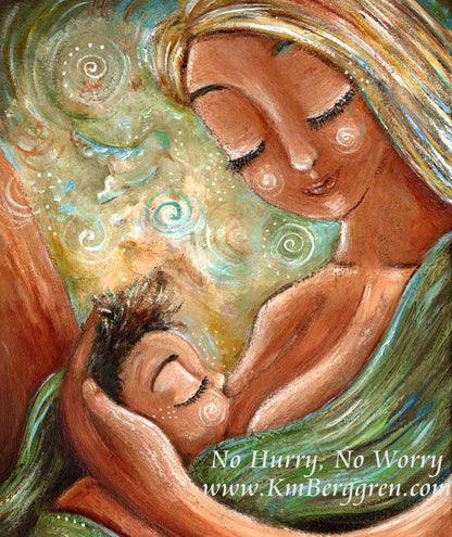 No Hurry, No Worry - Breastfeeding Mother In Green Art Prints