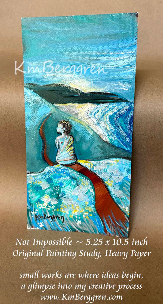 A vertical painting on textured heavy paper showing a seated woman on a blue landscape with rolling hills and looking out to the ocean in the distance, rendered in blue, white, teal, and brown tones. Artwork for women by KmBerggren, katie m. berggren, kimberggren