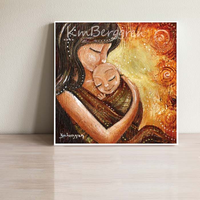 red orange rich color artwork of mother babywearing an infant with orange and yellow swirls, by KmBerggren, mom and new baby against chest, snuggling new bald baby, brunette mother wearing infant, intimate and warm artwork