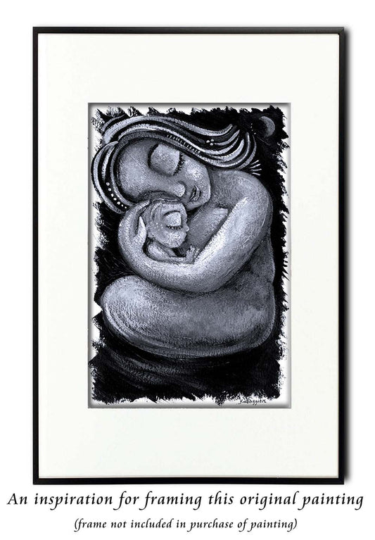 An 8x12 inch ORIGINAL black and white mother and baby painting on heavy 185 lb paper stock, mother and child black and white artwork, black and white painting of mom and baby, black and white paintings of women, bird and baby artwork, new baby gift, new baby artwork in black and white, black and white breastfeeding painting