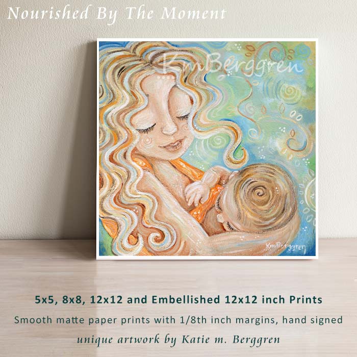 Blonde Curly Breastfeeding Mother, Baby with Swirl Light Brown Hair Pastel Green and Blue with Vines and Leaves Art Print by KmBerggren