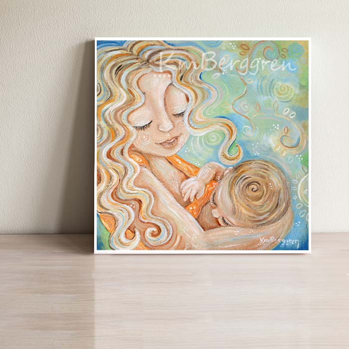 Blonde Curly Breastfeeding Mother, Baby with Swirl Light Brown Hair Pastel Green and Blue with Vines and Leaves Art Print by KmBerggren