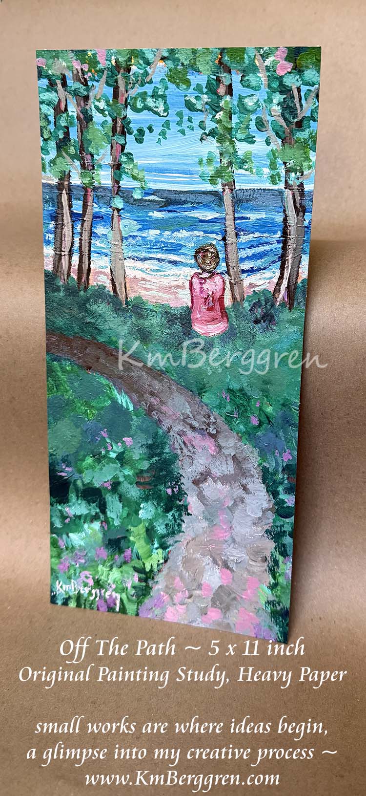 An original painting on heavy paper of a woman sitting off of a hiking trail in a forest, with green grass and trees. She looks out to the beach far away, brown hair up in a knot, full-figured woman, bright colored painting by KmBerggren, Katie m Berggren, kimberggren