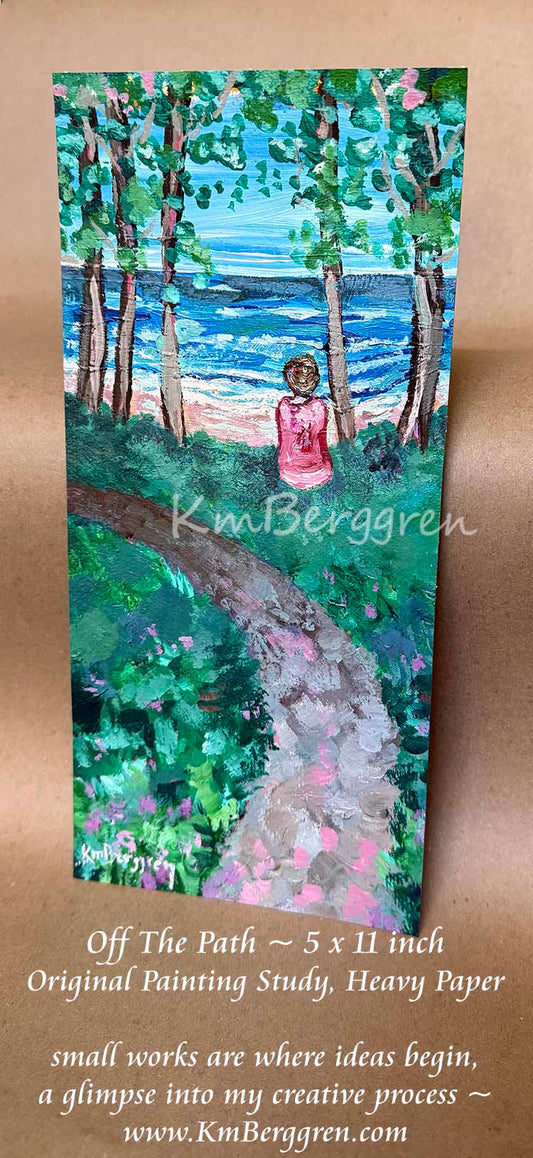 An original painting on heavy paper of a woman sitting off of a hiking trail in a forest, with green grass and trees. She looks out to the beach far away, brown hair up in a knot, full-figured woman, bright colored painting by KmBerggren, Katie m Berggren, kimberggren