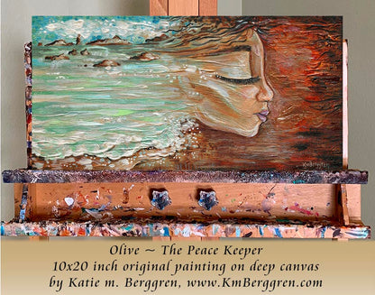 original painting with a woman's face and her hair turning into ocean waves and sand, one of a kind painting by Katie m. Berggren, inspirational art for women
