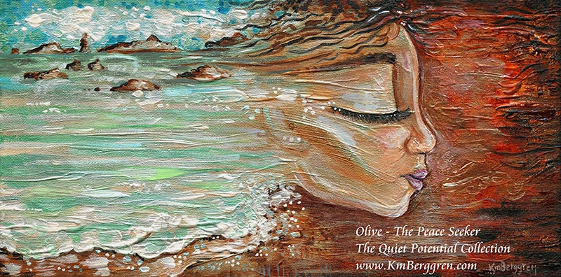 original painting with a woman's face and her hair turning into ocean waves and sand, one of a kind painting by Katie m. Berggren, inspirational art for women