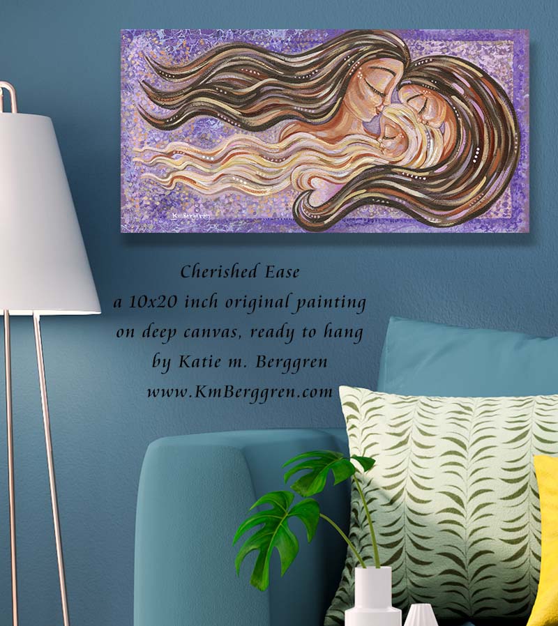 brunette mother with two daughters, blonde daughter and brown haired daughter, sisters art, painting of mom and sisters, mother daughter painting, mother and daughter artwork, mom and girls art, kmberggren, km berggren