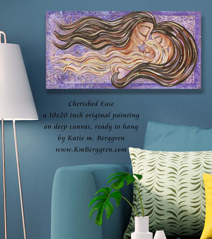 brunette mother with two daughters, blonde daughter and brown haired daughter, sisters art, painting of mom and sisters, mother daughter painting, mother and daughter artwork, mom and girls art, kmberggren, km berggren