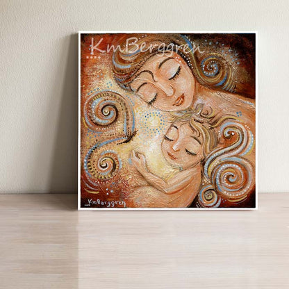 red and yellow art print by KmBerggren of a mother with an angel child and a whimsical butterfly