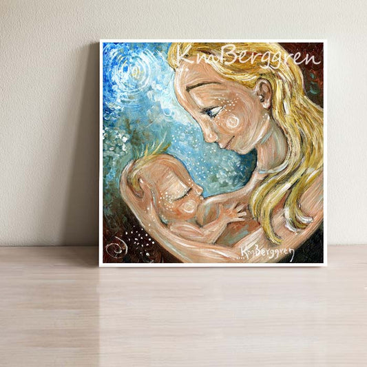 breastfeeding art print of blonde mom and blonde baby with blue background by KmBerggren