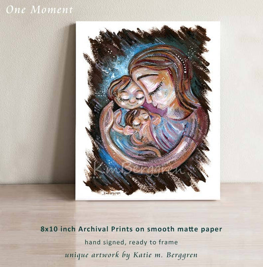 mother breastfeeding baby with older sibling two children artwork by kmberggren, mother cuddling 2 children, whimsical and expressive nursing artwork by KmBerggren