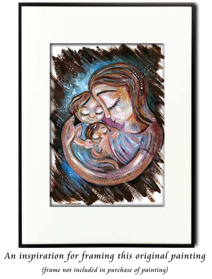 mother nursing baby with big brother, big sister, family nursing, breastfeeding baby, mom and two kids artwork, purple paintings, red hair mom, brown blue purple art, emotional art, painting on paper by Katie m. Berggren