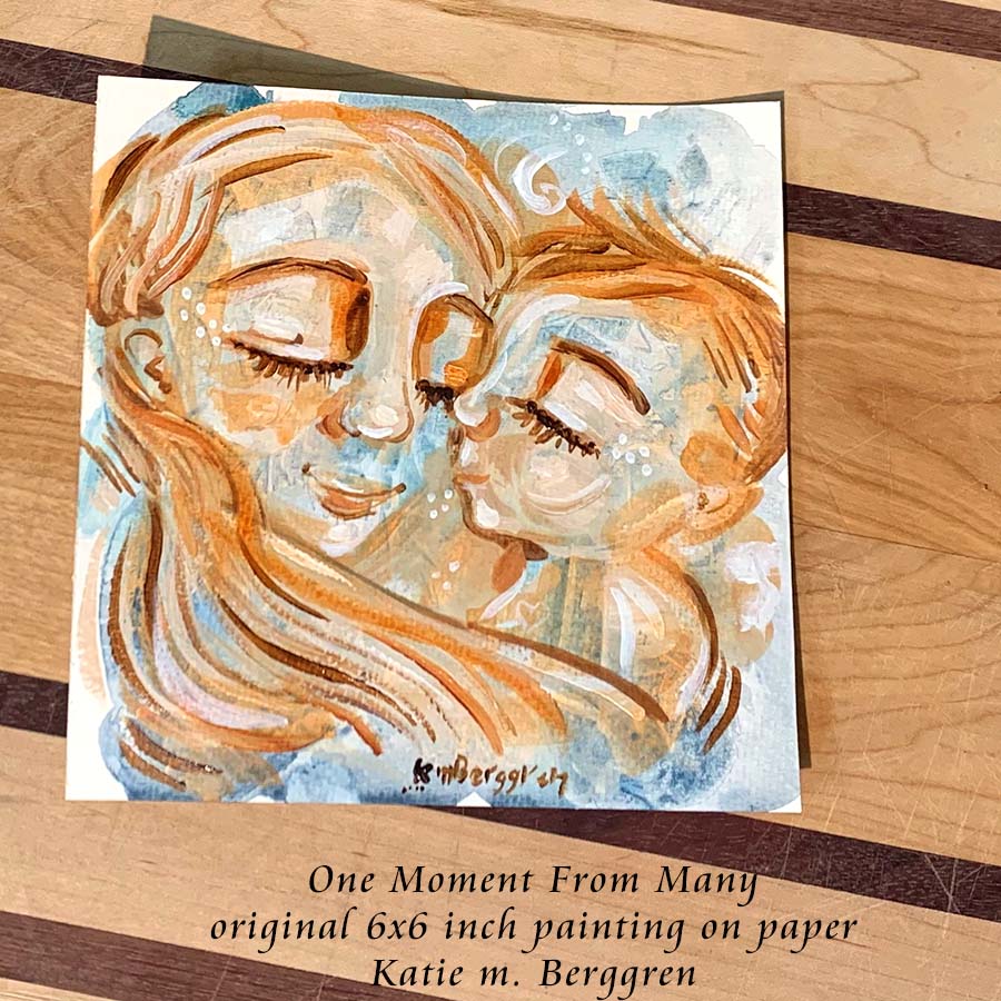 red haired mother and son cuddling artwork, gift for red-hair mom, mother and son art print, light brown hair mum and little boy artwork, painting of mom and son, blue and orange art print of mother and child