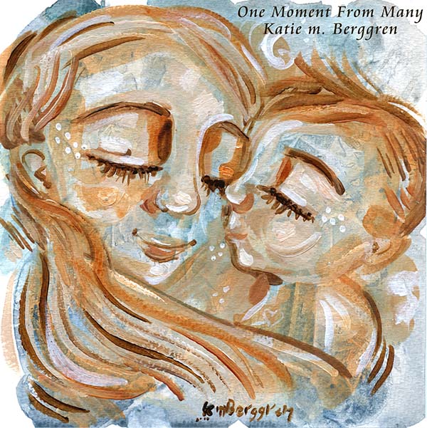 red haired mother and son cuddling artwork, gift for red-hair mom, mother and son art print, light brown hair mum and little boy artwork, painting of mom and son, blue and orange art print of mother and child