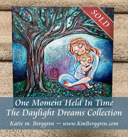 all proceeds to charity! Mother and child sitting beneath an apple tree, highly textured imaginative artwork by kmberggren, intimate motherhood artwork, memories and inspiration painting