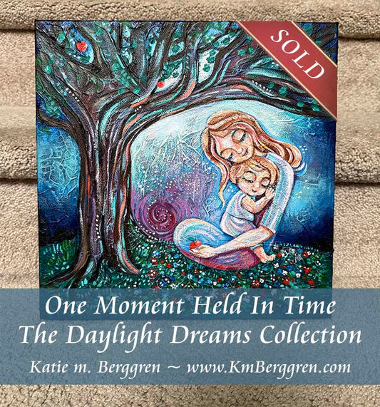 all proceeds to charity! Mother and child sitting beneath an apple tree, highly textured imaginative artwork by kmberggren, intimate motherhood artwork, memories and inspiration painting