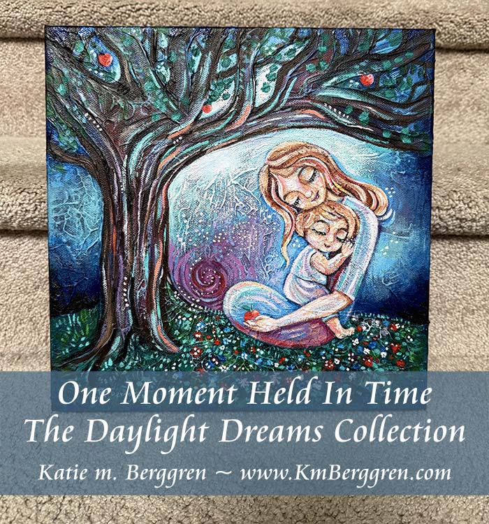 all proceeds to charity! Mother and child sitting beneath an apple tree, highly textured imaginative artwork by kmberggren, intimate motherhood artwork, memories and inspiration painting